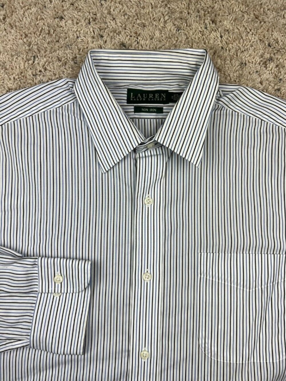 Lauren Ralph Lauren Shirt Men 17 34 35 Blue Striped Long Sleeve Button Up Cotton
